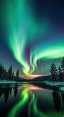 Ethereal display of lights shimmering above a serene winter landscape nightscape
