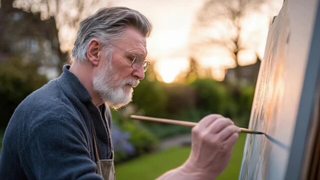An older man with a gray beard paints on a canvas outdoors at sunset.