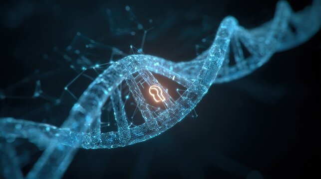 Holographic Lock and Digital DNA Strand Represent Advanced Biometric Security for Medical Technology Applications - Powered by Adobe