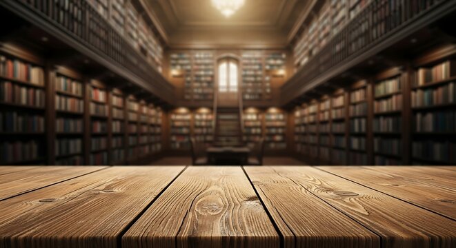 Classic academic library background featuring towering wooden bookshelves and a cozy, traditional feel