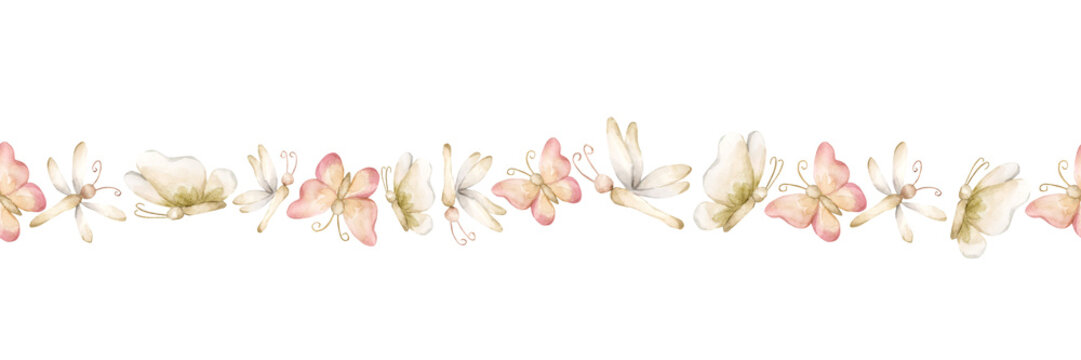 Cute Butterfly Dragonfly Insects Seamless Border. Watercolor hand painted summer pastel neutral isolated illustration on white background for nursery kids baby shower card whimsical mystery princess