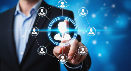 Human Resources Management: Businessman Activating Digital Icon for Team Leader Selection Concept of Target Audience, Customer Relationship, and Social Network Connection