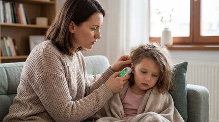 Mother checking temperature of her sick little daughter while sitting on sofa at home