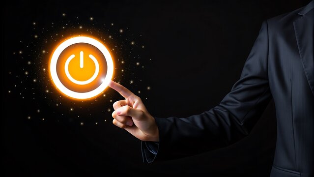 Power button activation with glowing circle and hand touch