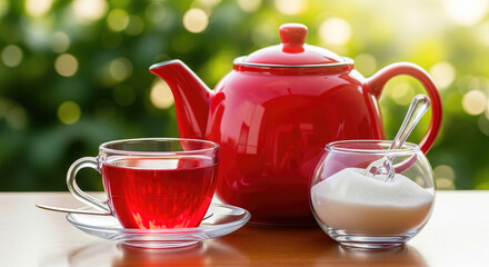 A bright red teapot, red tea in a transparent cup, and a sugar bowl beside it. Outdoors, against a green blurred background.