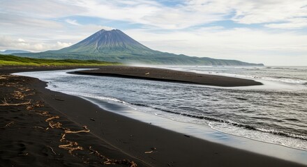 Ethereal landscape featuring majestic volcano, obsidian beach, and flowing river delta