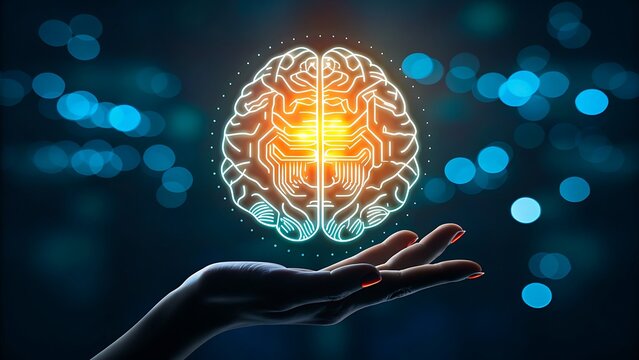 Artificial intelligence brain hologram floating above hand