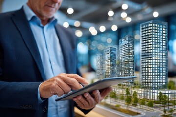 Businessman uses tablet to review architectural model of modern city.