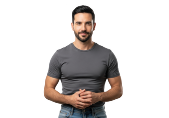 A man with a beard wearing a gray t-shirt and blue jeans, arm, beard, belly, chest, cross, gray, hand, hip, jeans, man, muscle, pain, portrait, pose, shirt, smile, stand, stomach, t shirt, wear 