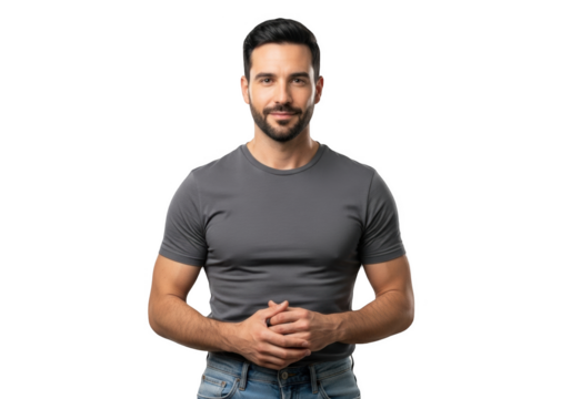 A man with a beard wearing a gray t-shirt and blue jeans, arm, beard, belly, chest, cross, gray, hand, hip, jeans, man, muscle, pain, portrait, pose, shirt, smile, stand, stomach, t shirt, wear - Powered by Adobe