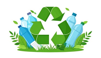 Vector graphic showing a green recycling symbol surrounded by plastic bottles and leafy plants on grass
