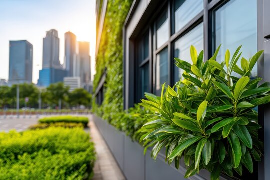 Urban greenery and modern architecture converge, creating a serene cityscape with lush plants adorning building exteriors and sleek skyscrapers in the distance. - Powered by Adobe