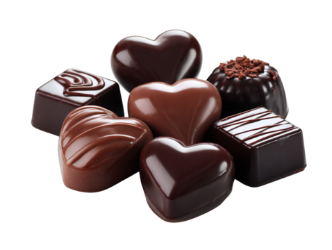 Assorted dark and milk chocolate pralines in heart and square shapes isolated on white background