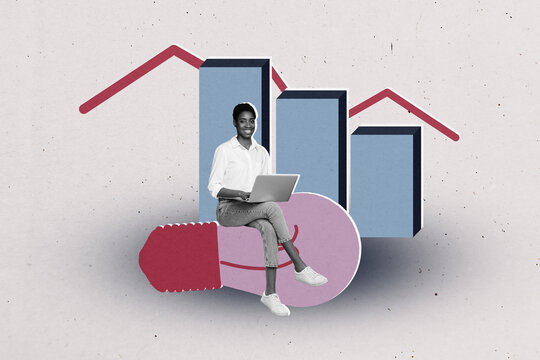 Composite sketch photo collage of brilliant idea challenge puzzle solution young lady sit work laptop stock currency data growth business - Powered by Adobe