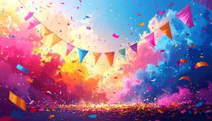 Vibrant, confetti-filled sky with festive pennants. Colors blend into a dreamy backdrop, evoking joy and celebration