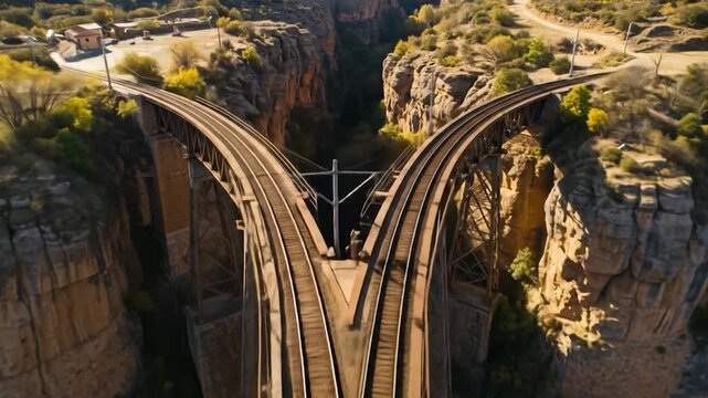 A dramatic railway bridge spans a deep canyon, its tracks splitting into two paths over rocky terrain