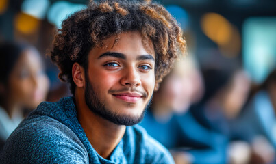 Portrait of smiling young man with curly hair sitting in classroom with blurred students background, education and learning concept, casual handsome student indoors