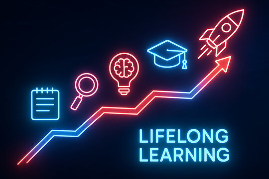 Lifelong learning neon text and upward path on dark background with icons like notebook magnifying glass idea brain graduation cap and rocket representing continuous development and success