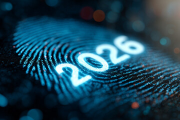 Macro fingerprint digital pattern forming 2026 symbolizing identity and future technology.
