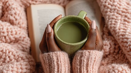 African American female hands gently cradle a green mug filled with warm beverage, surrounded by cozy knitted blanket and an open book, evoking a sense of comfort and relaxation