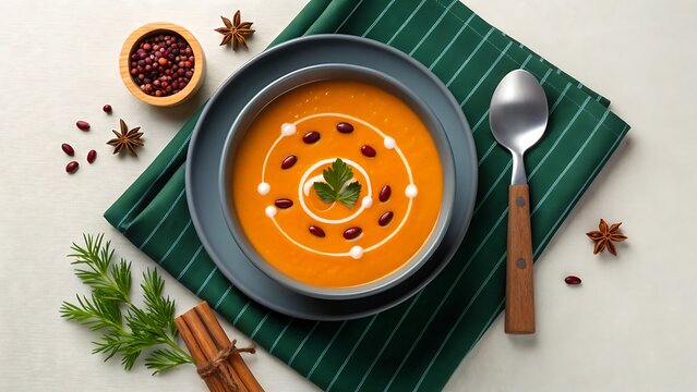 Creamy vegetable soup bowl with beans and fresh spices top view
