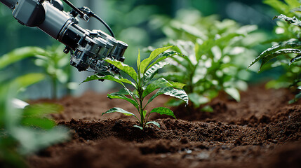 Close-Up Of Robotic Arm Gently Planting Seedlings In Soil