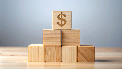 Wooden blocks stacked with bold dollar sign. Money, wealth, savings and business strategy.