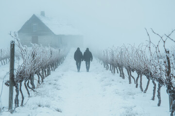 A couple walks into the foggy distance across a snowy vineyard path, evoking a sense of adventure, mystery, and romance amidst the serene and tranquil winter landscape.