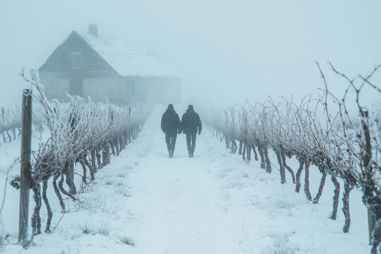 A couple walks into the foggy distance across a snowy vineyard path, evoking a sense of adventure, mystery, and romance amidst the serene and tranquil winter landscape.