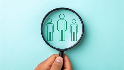 Magnifying glass highlighting human icons on blue background