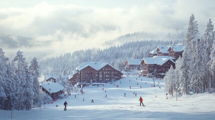 Snow-covered ski resort with skiers enjoying winter sports amidst tall pine trees and cozy wooden chalets, creating a picturesque alpine landscape