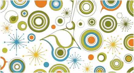 Abstract illustration of colorful circles and starbursts with an artistic mid-century modern aesthetic on white background