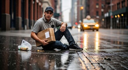 Exhausted delivery man sits on a wet city street holding a cardboard package in the pouring rain.