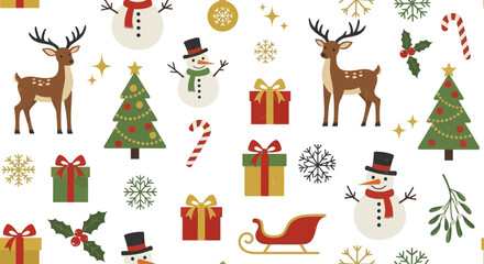 Delightful Seamless Christmas Pattern Showcasing Classic Holiday Elements Such as Reindeer, Snowmen, and Festive Gifts, Evoking Winter Wonder and Seasonal Joy
