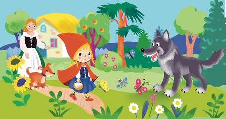 
Little Red Riding Hood and the Wolf, a cartoon fairy tale