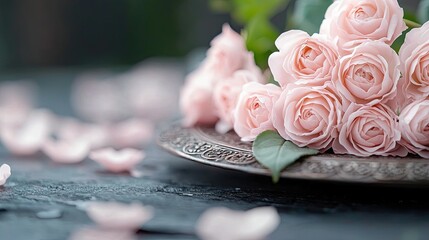 A close-up shot of a bouquet of delicate pink roses arranged on an ornate silver plate. Scattered pink petals are visible on a dark, textured surface in the for