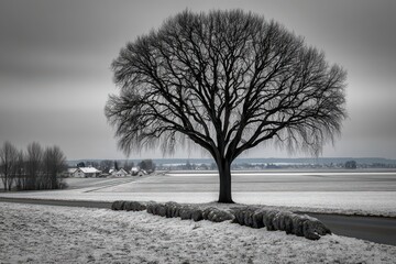 A striking leafless tree dominates a serene snow-covered winter rural landscape