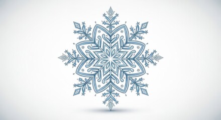 Ethereal winter frost design, intricate blue snowflake with delicate details on a pure white