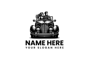 Elegant vintage convertible car with stylish couple vector logo illustration, ideal for luxury travel, classic automotive, and retro branding