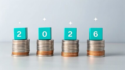 Year 2026 financial concept with number blocks on stacked coins
