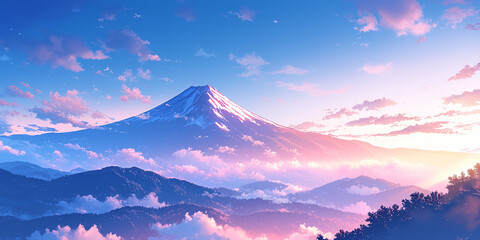 朝の雲海に浮かぶ富士山と山並み