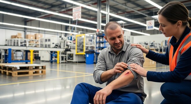 Female safety manager assists an injured male worker with a bleeding wound on his arm on the factory floor.