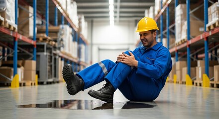 Warehouse worker suffering a painful knee injury after a serious slip and fall accident on a wet floor.