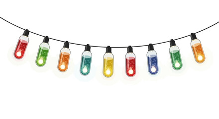 Bright and cheerful doodle art depicting a festive string of ten multi-colored electric light bulbs, perfect for holiday greetings and celebrations, adding a whimsical touch to any design