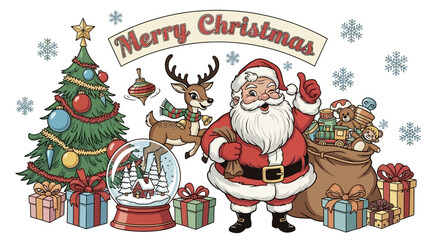 A festive cartoon illustration of Santa Claus with a reindeer, a decorated Christmas tree, and a sack full of toys for the holiday season