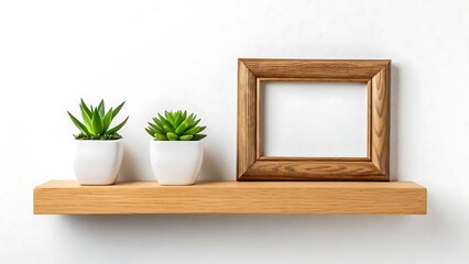 Minimal wooden shelf with succulent plants and empty photo frame