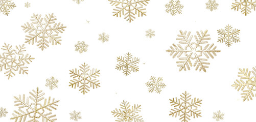 Golden snowflakes falling on a white background, festive winter holiday decoration