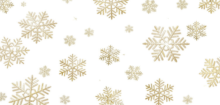 Golden snowflakes falling on a white background, festive winter holiday decoration