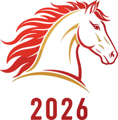 Red stylized horse head with golden accents year 2026 below
