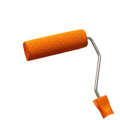 Extreme macro close-up of a microfiber roller sleeve applying a thick, wet stripe of intensely saturated tangerine orange paint on a transparent wall under studio light, concept of creative design and